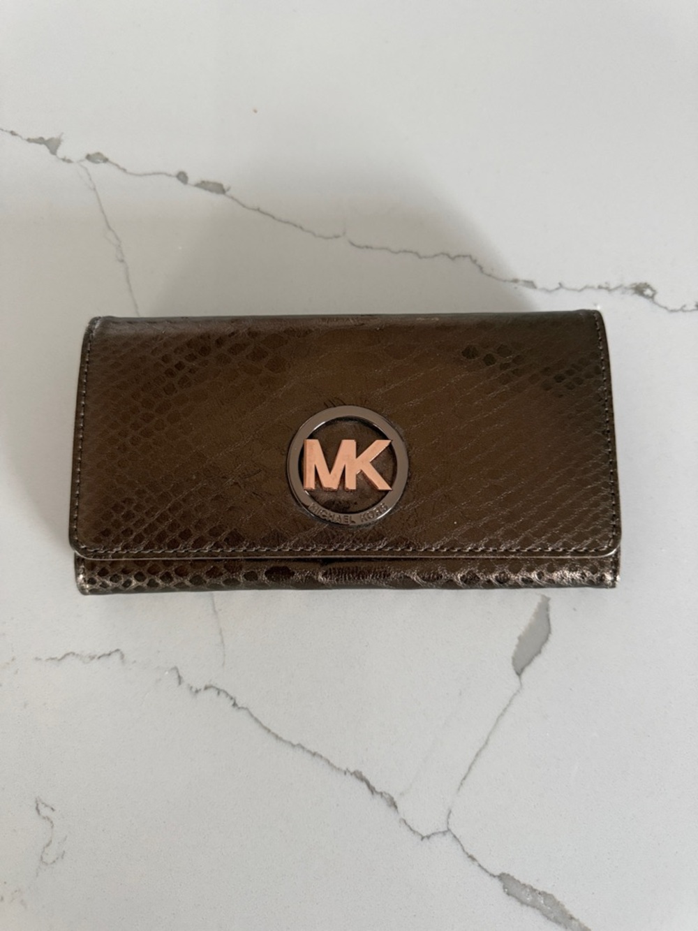 Michael Kors Brown Snake-Embossed Card Holder with Rose Gold MK Emblem